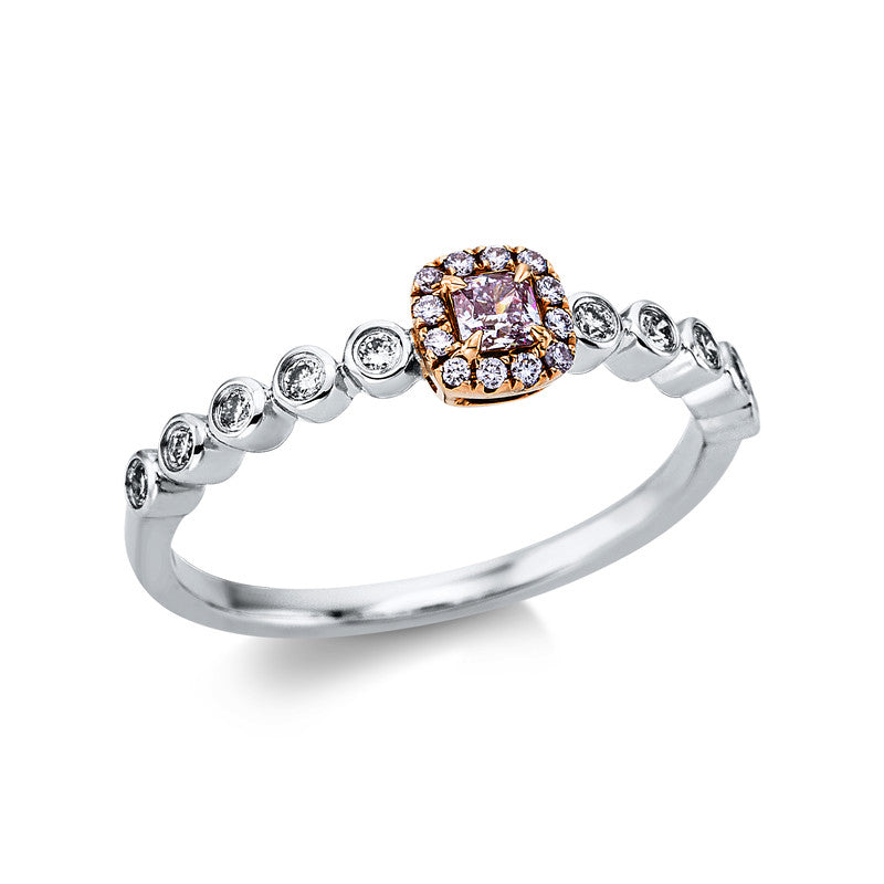 Ring 18 kt WG+RG, 10 Brill. 0,12 ct, TW-si, 1 Cushion 0,09 ct, pink, 12 Brill. 0,05 ct, pink
