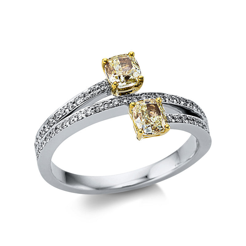 Ring 18 kt WG+GG, 53 Brill. 0,22 ct, TW-vsi, 2 Cushion 0,78 ct, gelb