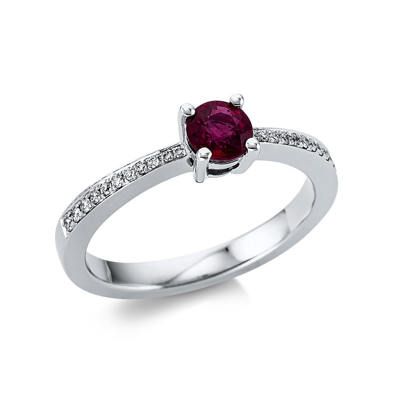 Ring 18 kt WG, 22 Brill. 0,10 ct, TW-vsi, 1 Rubin 0,69 ct rot