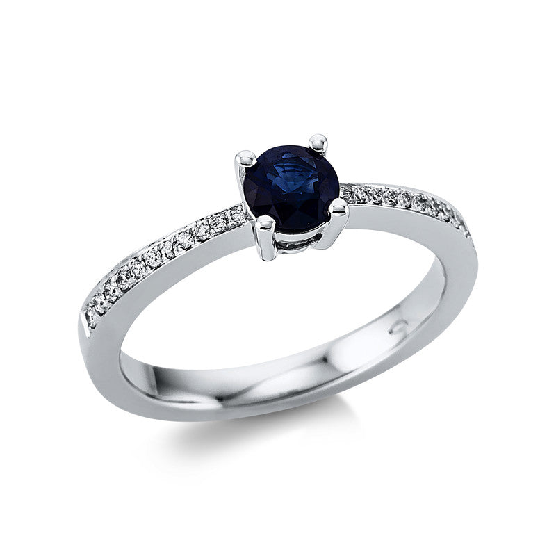 Ring 18 kt WG, 22 Brill. 0,10 ct, TW-vsi, 1 Saphir 0,49 ct blau