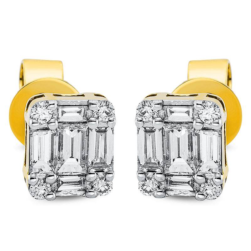 Ohrstecker 18 kt GG, Fassung rhodiniert, 10 Bag. 0,60 ct, TW-si, 8 Brill. 0,11 ct, TW-si
