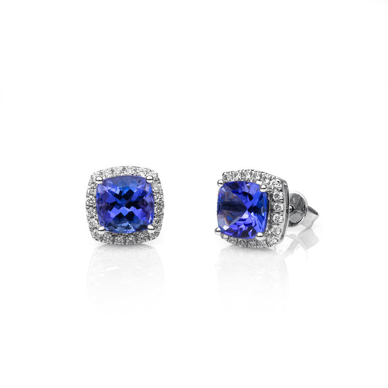 Ohrstecker 18 kt WG, 40 Brill. 0,27 ct, TW-si, 2 Tansanit 2,86 ct blau