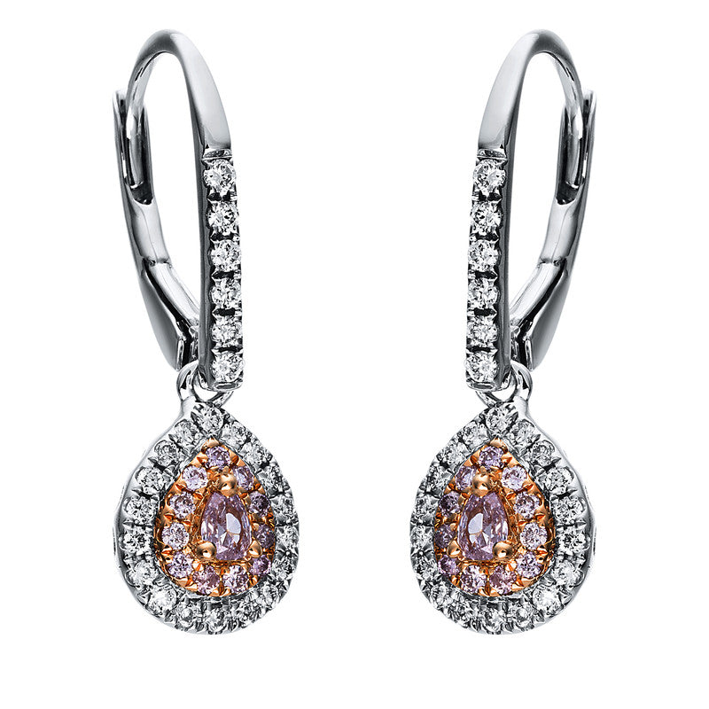 Ohrschmuck 18 kt WG+RG, 48 Brill. 0,27 ct, TW-si, 2 Tropfen 0,14 ct, pink, 22 Brill. 0,11 ct, pink