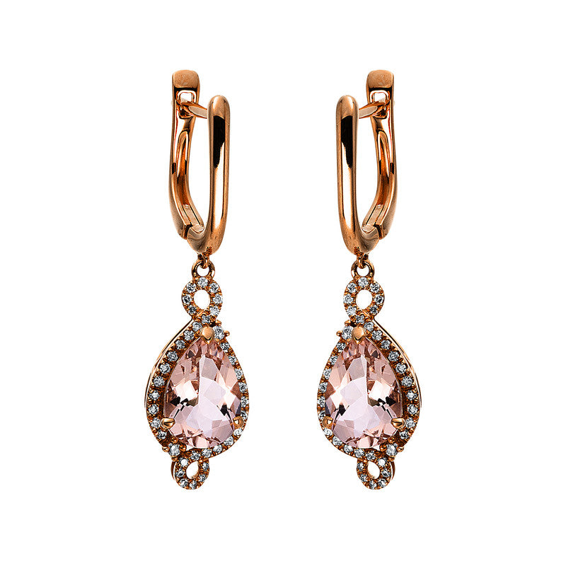 Ohrschmuck 18 kt RG, 74 Brill. 0,26 ct, TW-si, 2 Morganit 2,20 ct rosé
