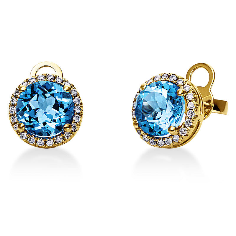 Ohrstecker 18 kt GG, 44 Brill. 0,19 ct, TW-si, 2 Topase 3,40 ct blau
