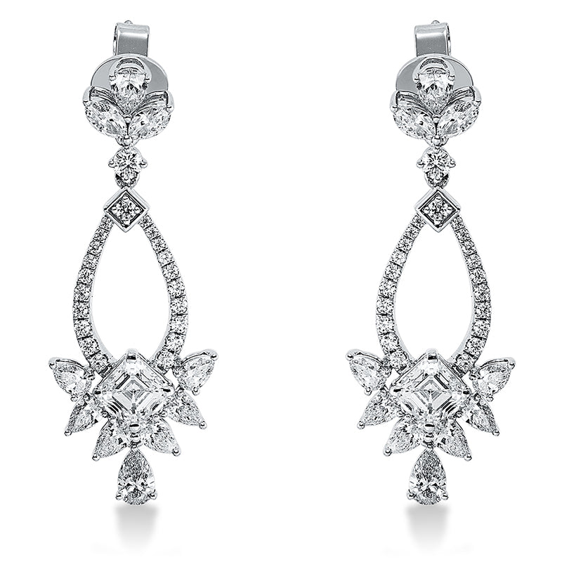 Ohrschmuck 18 kt WG, IGI - 2pcs, 4 Nav. 0,47 ct, TW-vsi/si, 16 Tropfen 1,73 ct, TW-vsi/si, 2 Assher 1,44 ct, L-if, 43 Brill. 0,35 ct, TW-vsi/si