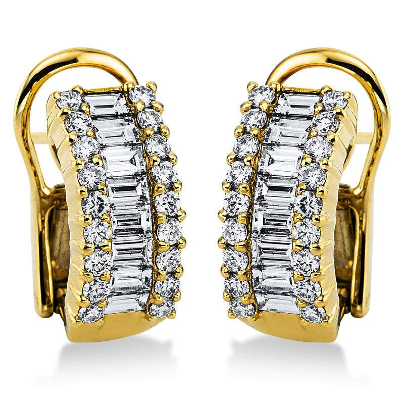 Ohrschmuck 18 kt GG, 16 Trap. 0,75 ct, TW-vsi, 36 Brill. 0,57 ct, TW-vsi