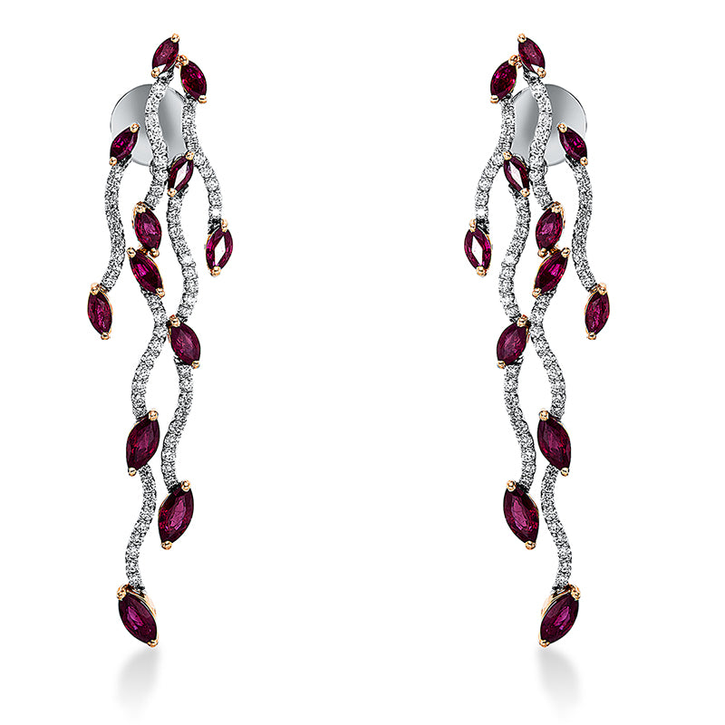 Ohrschmuck 18 kt WG+RG, 126 Brill. 1,99 ct, TW-vsi/si, 24 Rubine 8,71 ct rot