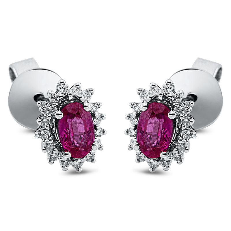Ohrstecker 18 kt WG, 32 Brill. 0,16 ct, W-pi, 2 Rubine 0,66 ct rot