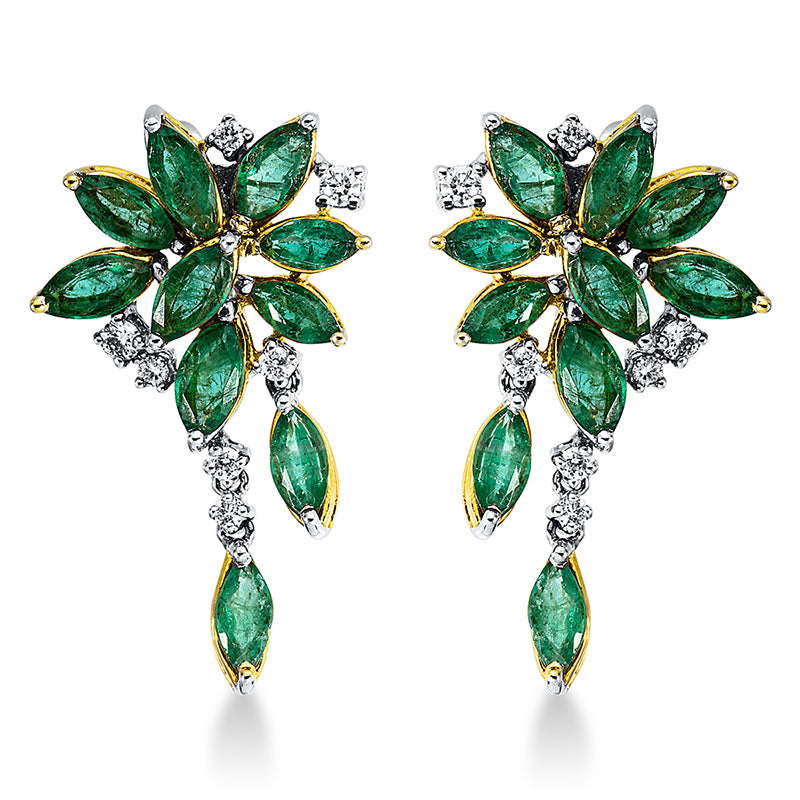 Ohrschmuck 18 kt WG+GG, 14 Brill. 0,27 ct, W-si, 20 Smaragde 3,58 ct grün