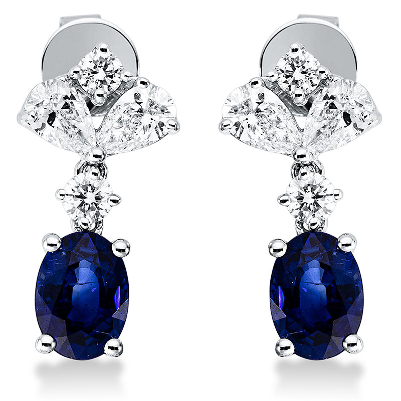 ABVERKAUF,Ohrschmuck 14 kt WG, 4 Brill. 0,28 ct, 4 Tropfen 0,75 ct, TW-vsi/si, 2 Saphire 2,03 ct blau