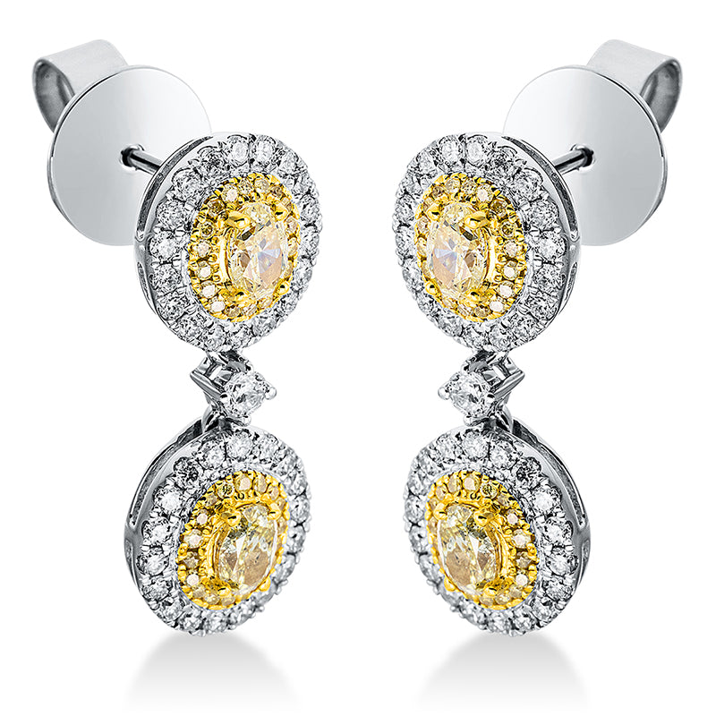 Ohrschmuck 18 kt WG+GG, 74 Brill. 0,71 ct, TW-si, 72 Brill. 0,19 ct, gelb, 4 Oval 0,91 ct, gelb
