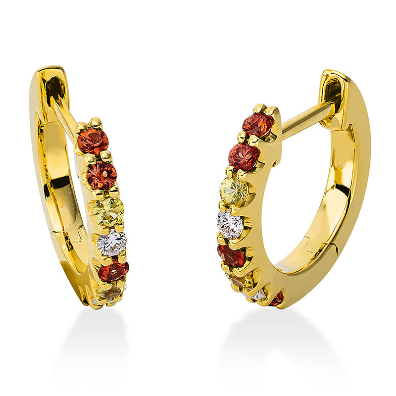 Creolen 18 kt GG, 4 Brill. 0,08 ct, TW-si, 8 Saphire 0,22 ct orange, 4 Saphire 0,11 ct gelb