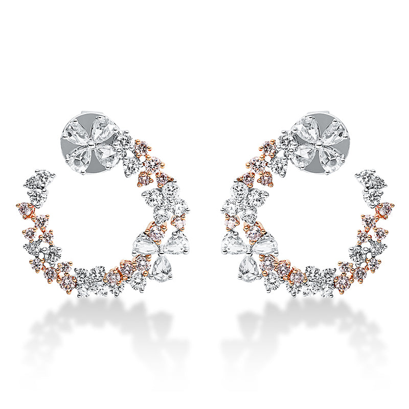 Ohrstecker 18 kt WG+RG, 14 Rosen-Schl 0,83 ct, TW-si, 38 Brill. 1,18 ct, TW-si, 34 Brill. 0,79 ct, pink