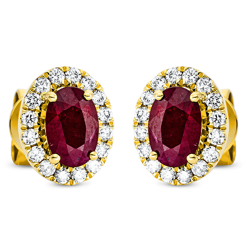Ohrstecker 18 kt GG, 32 Brill. 0,26 ct, TW-si, 2 Rubine 1,02 ct rot