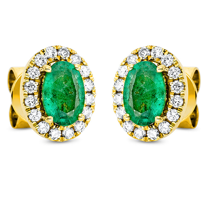 Ohrstecker 18 kt GG, 32 Brill. 0,23 ct, TW-si, 2 Smaragde 0,77 ct grün