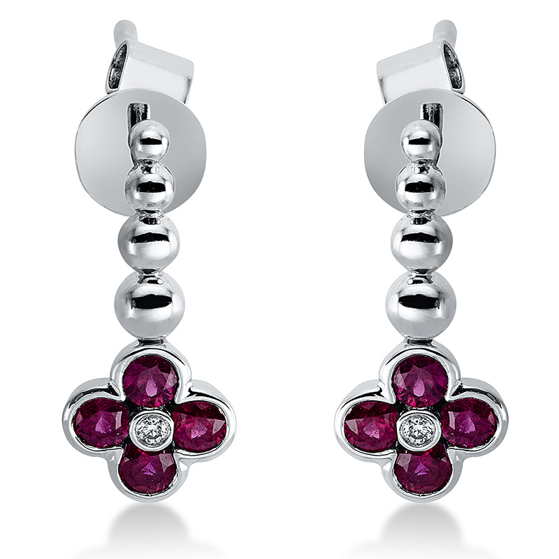Ohrschmuck 18 kt WG, 2 Brill. 0,01 ct, TW-si, 8 Rubine 0,30 ct rot