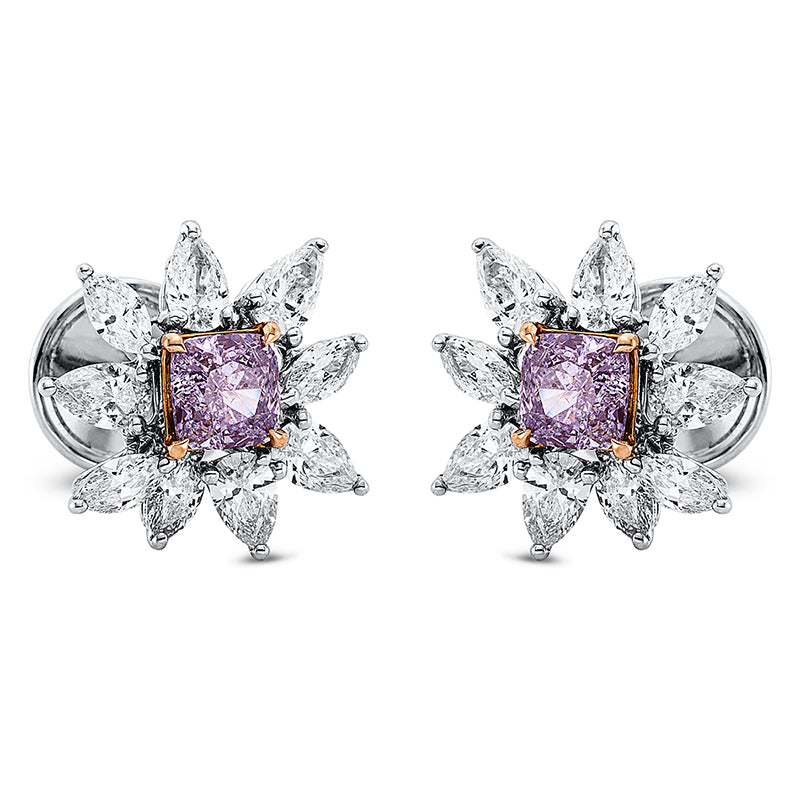 Ohrstecker 18 kt WG+RG, GIA 2pcs, 10 Tropfen 1,00 ct, F-pi, 2 Cushion 1,04 ct, pink-i2, 8 Nav. 0,51 ct, F-si