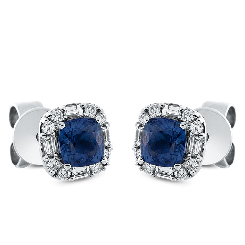 Ohrstecker 18 kt WG, 8 Bag. 0,10 ct, TW-si, 16 Brill. 0,10 ct, TW-si, 2 Saphire 0,87 ct blau