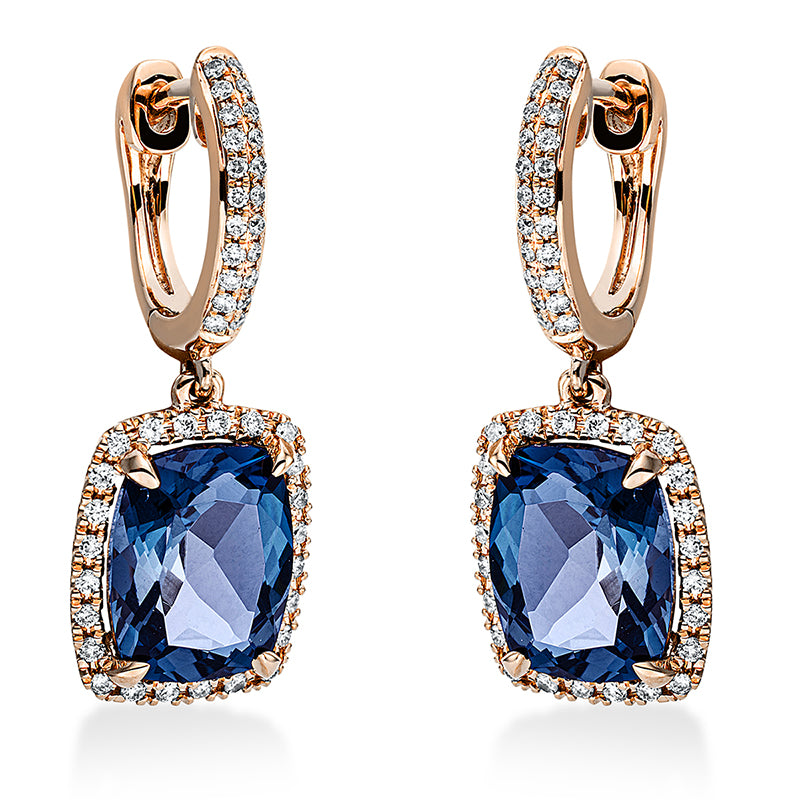 Ohrschmuck 18 kt RG, 92 Brill. 0,33 ct, TW-si, 2 Topase 5,90 ct Lond. blue
