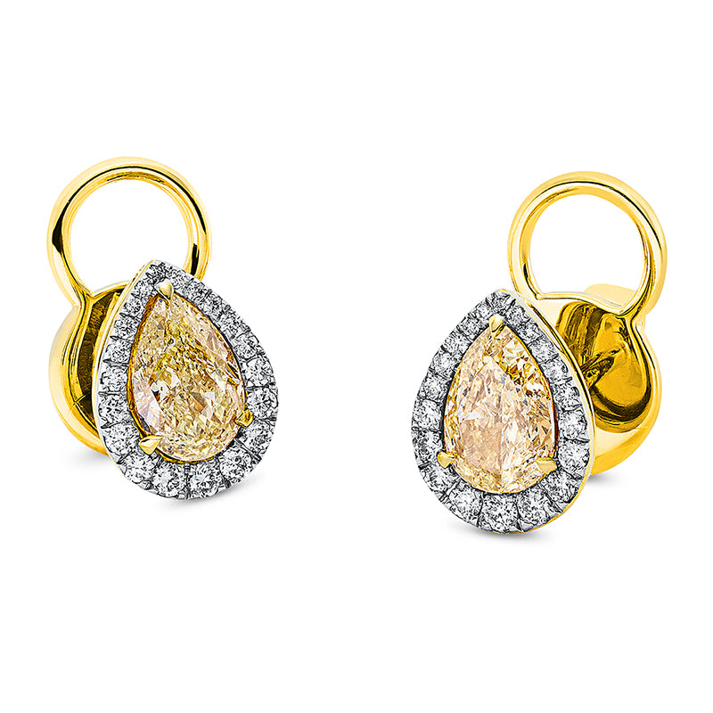 Creolen 18 kt GG, Fassung rhodiniert, 40 Brill. 0,23 ct, TW-vsi, 2 Tropfen 1,42 ct, gelb-vsi