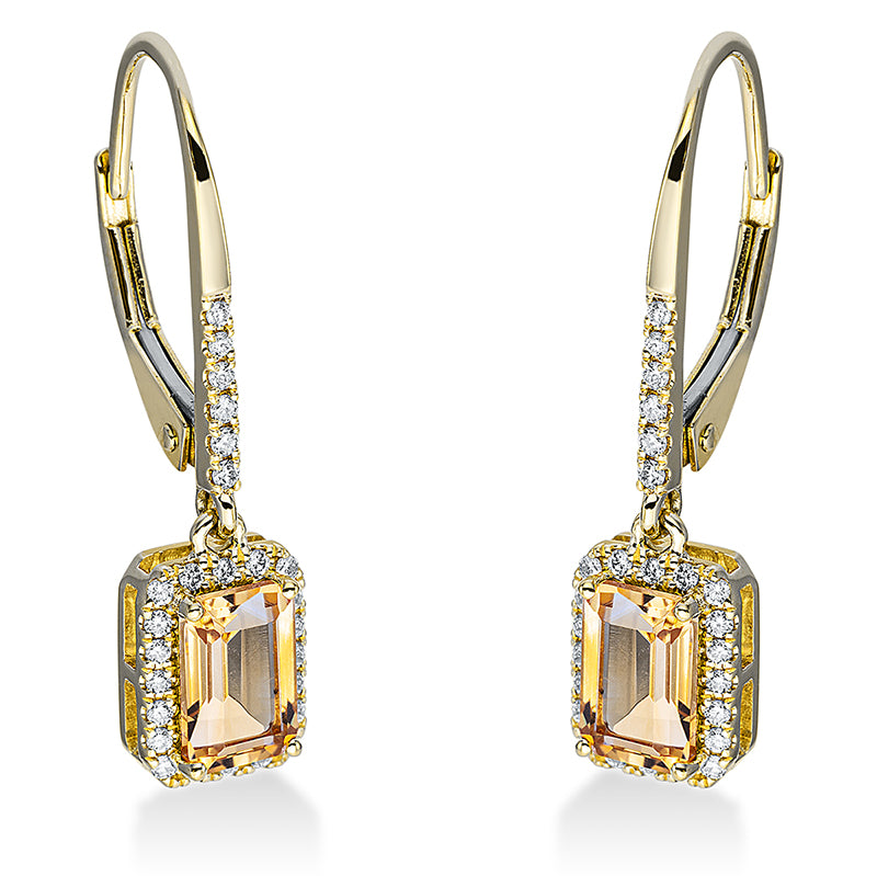Ohrschmuck 18 kt GG, 52 Brill. 0,15 ct, TW-si, 2 Citrin 1,12 ct gelb