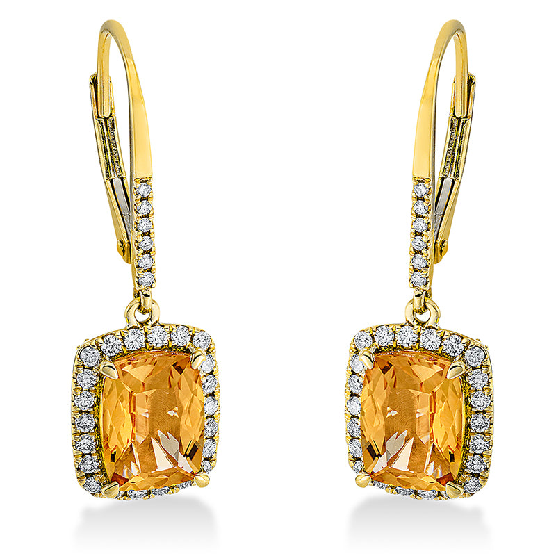 Ohrschmuck 18 kt GG, 80 Brill. 0,39 ct, TW-si, 2 Citrin 2,68 ct gelb