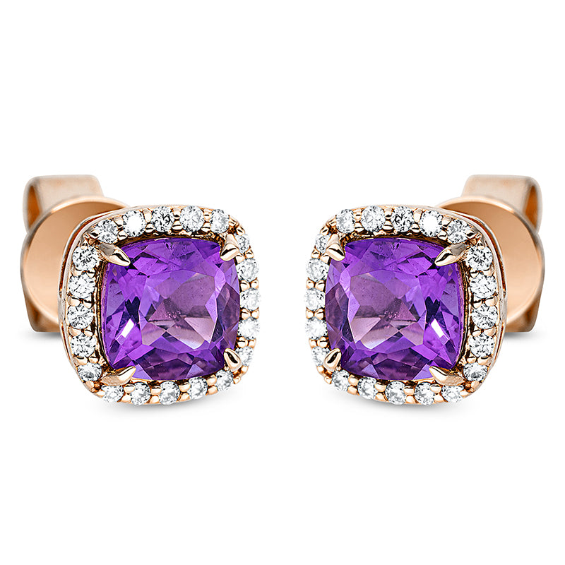 Ohrstecker 18 kt RG, 40 Brill. 0,11 ct, TW-si, 2 Amethyste 1,06 ct lila