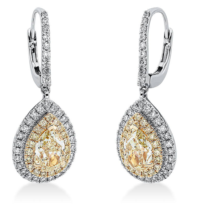 Ohrschmuck 18 kt WG+GG, 72 Brill. 0,48 ct, TW-si, 2 Tropfen 2,00 ct, gelb, 38 Brill. 0,26 ct, gelb