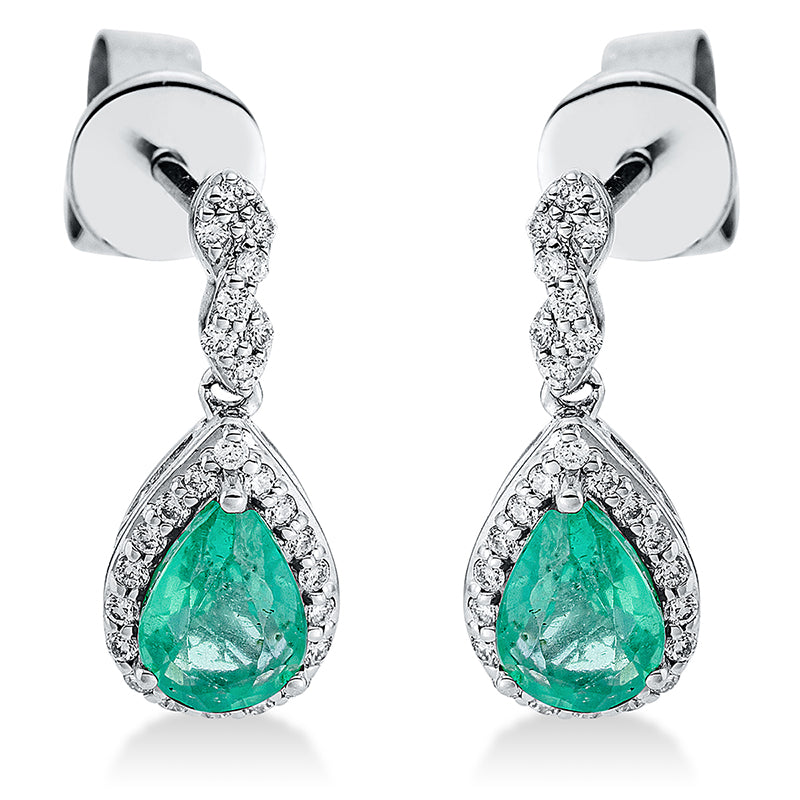 Ohrschmuck 18 kt WG, 52 Brill. 0,14 ct, TW-si, 2 Smaragde 0,74 ct grün