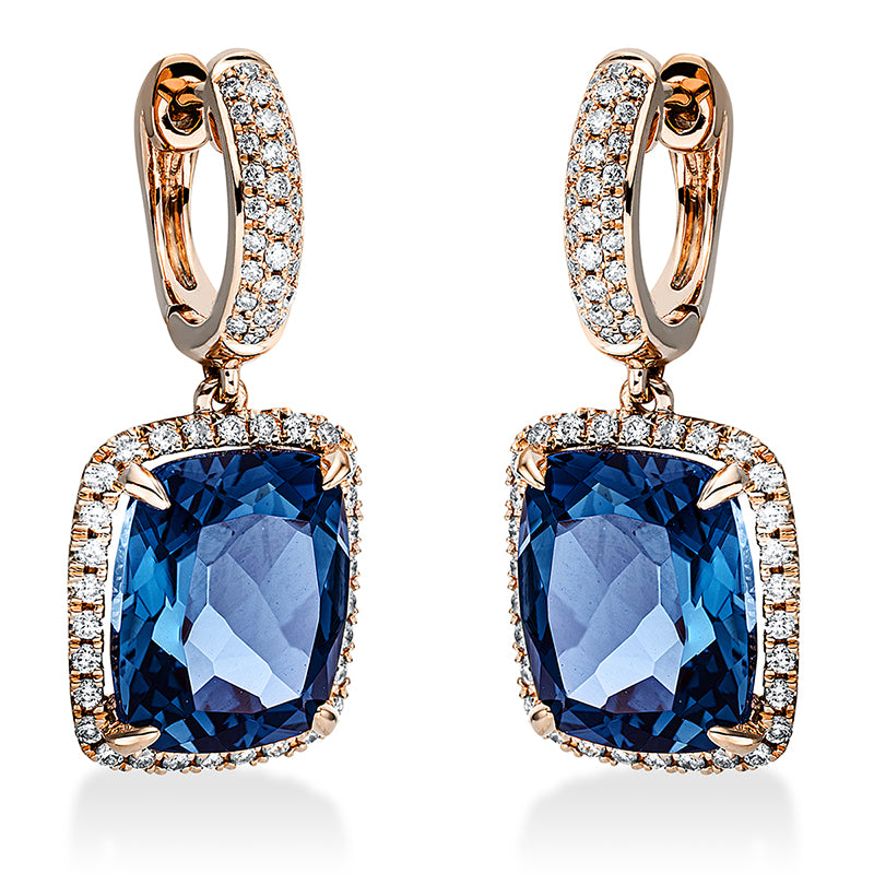 Ohrschmuck 18 kt RG, 116 Brill. 0,53 ct, TW-si, 2 Topase 10,10 ct Lond. blue