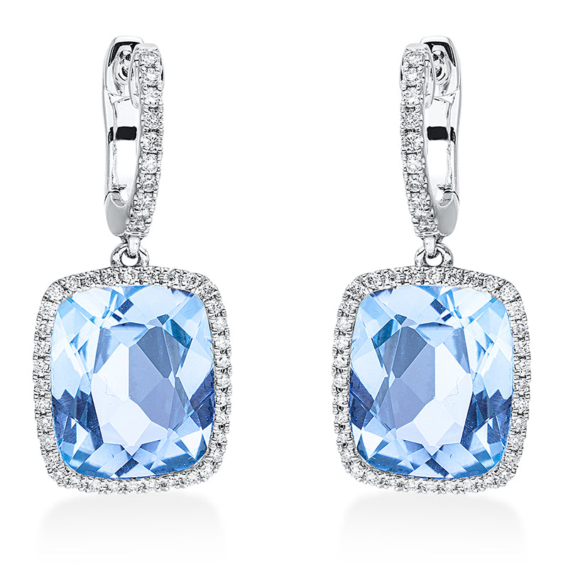 Ohrschmuck 18 kt WG, 92 Brill. 0,33 ct, TW-si, 2 Topase 8,70 ct sky blue