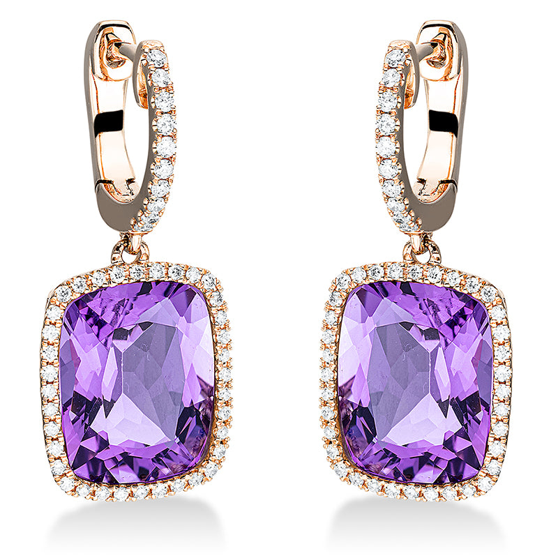 Ohrschmuck 18 kt RG, 92 Brill. 0,33 ct, TW-si, 2 Amethyste 7,60 ct lila