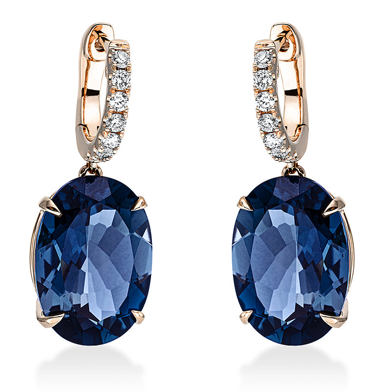 Ohrschmuck 18 kt RG, 14 Brill. 0,27 ct, TW-si, 2 Topase 13,60 ct Lond. blue