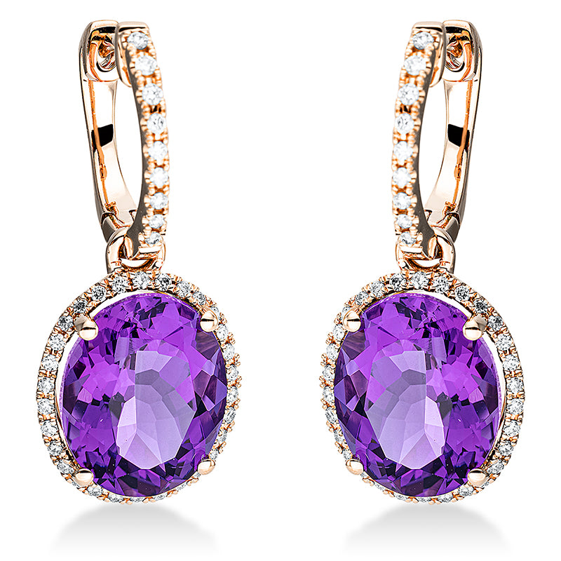 Ohrschmuck 18 kt RG, 78 Brill. 0,28 ct, TW-si, 2 Amethyste 7,00 ct lila