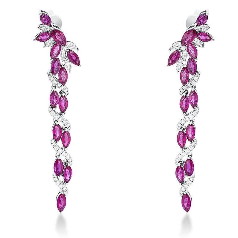 Ohrschmuck 18 kt WG, 10 Nav. 0,72 ct, W-pi, 58 Brill. 0,67 ct, W-pi, 28 Rubine 9,96 ct rot
