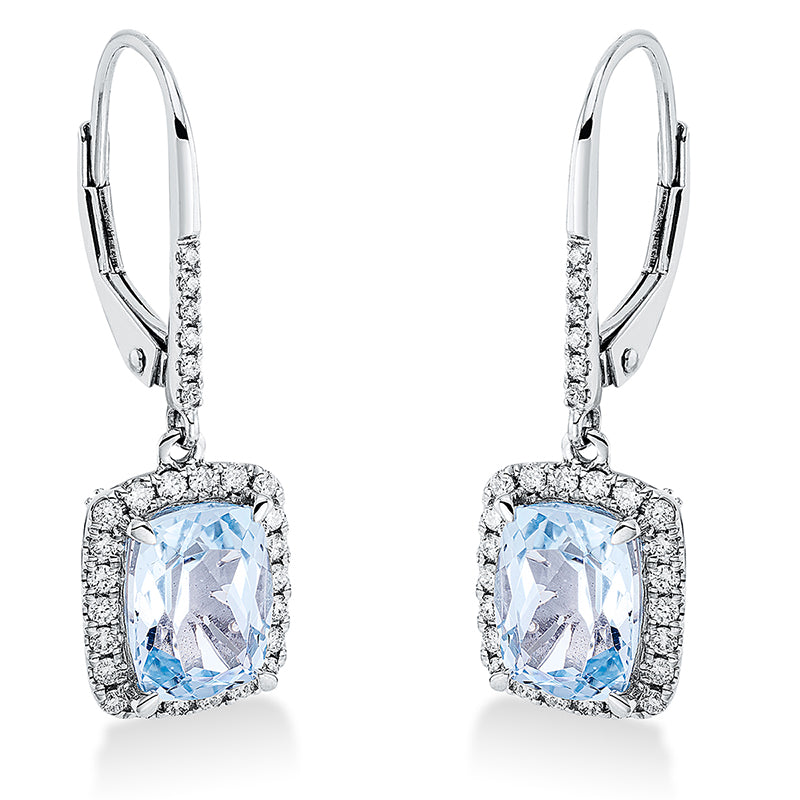 Ohrschmuck 18 kt WG, 80 Brill. 0,40 ct, TW-si, 2 Topase 3,44 ct sky blue