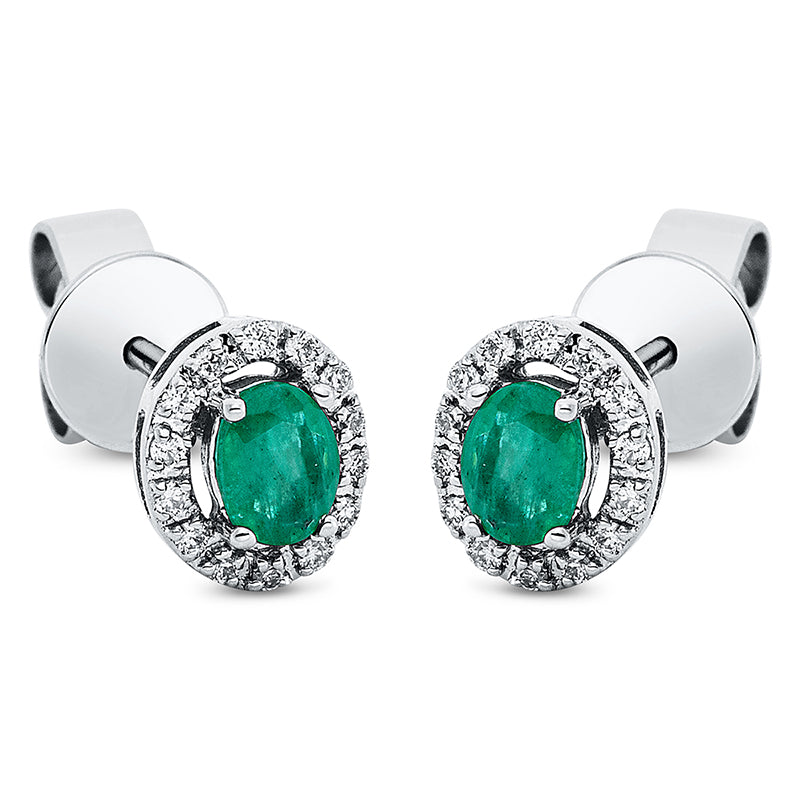 Ohrstecker 18 kt WG, 28 Brill. 0,08 ct, TW-pi, 2 Smaragde 0,37 ct grün