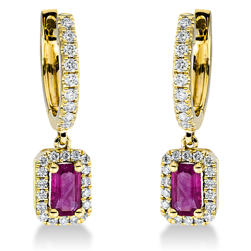 Ohrschmuck 18 kt GG, 54 Brill. 0,29 ct, TW-si, 2 Rubine 0,53 ct rot