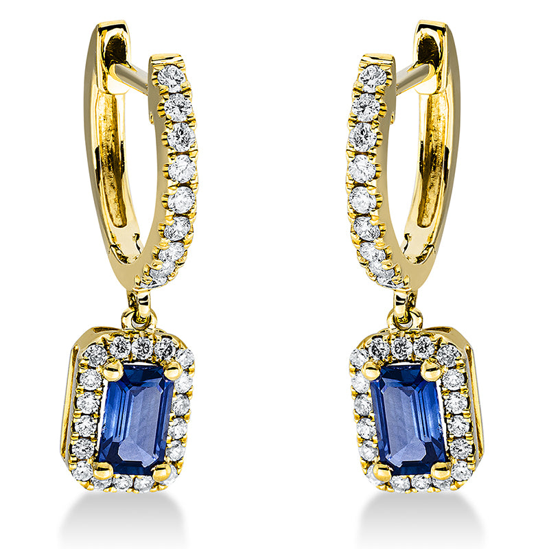 Ohrschmuck 18 kt GG, 54 Brill. 0,29 ct, TW-si, 2 Saphire 0,74 ct blau