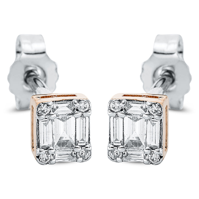 Ohrstecker 18 kt RG+WG, 10 Bag. 0,14 ct, TW-si, 8 Bag. 0,02 ct, TW-si