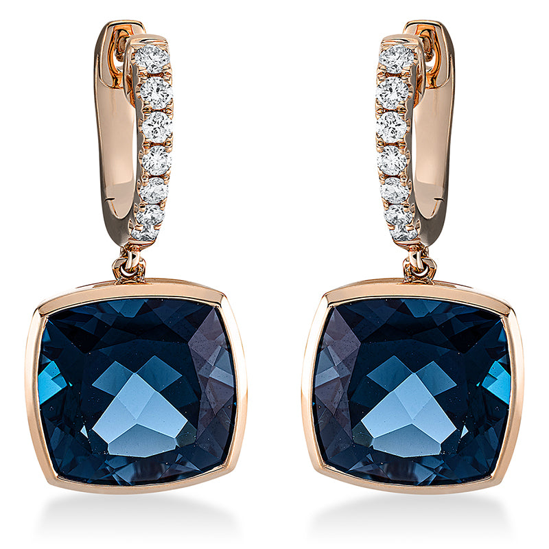 Ohrschmuck 18 kt RG, 14 Brill. 0,19 ct, TW-si, 2 Topase 10,20 ct Lond. blue