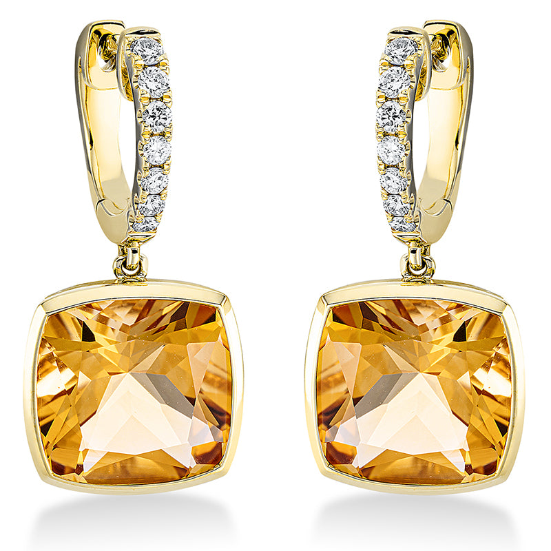 Ohrschmuck 18 kt GG, 14 Brill. 0,19 ct, TW-si, 2 Citrin 7,10 ct gelb