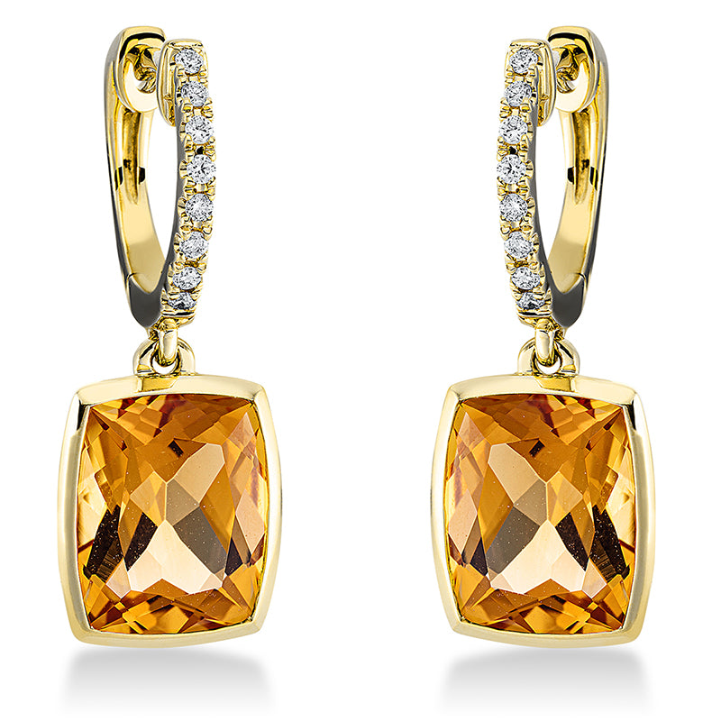 Ohrschmuck 18 kt GG, 16 Brill. 0,10 ct, TW-si, 2 Citrin 6,00 ct gelb