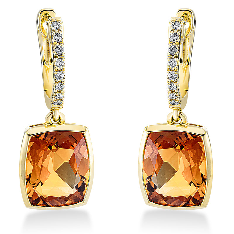 Ohrschmuck 18 kt GG, 16 Brill. 0,10 ct, TW-si, 2 Citrin 6,00 ct mandarin