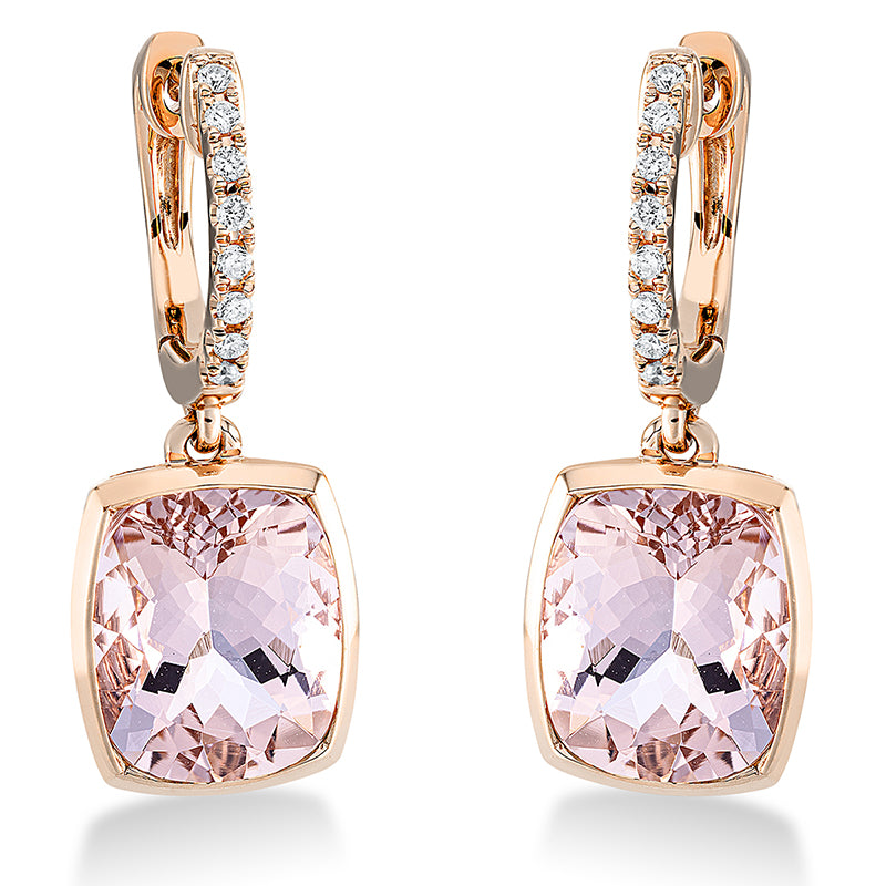 Ohrschmuck 18 kt RG, 16 Brill. 0,10 ct, TW-si, 2 Morganit 6,00 ct pink