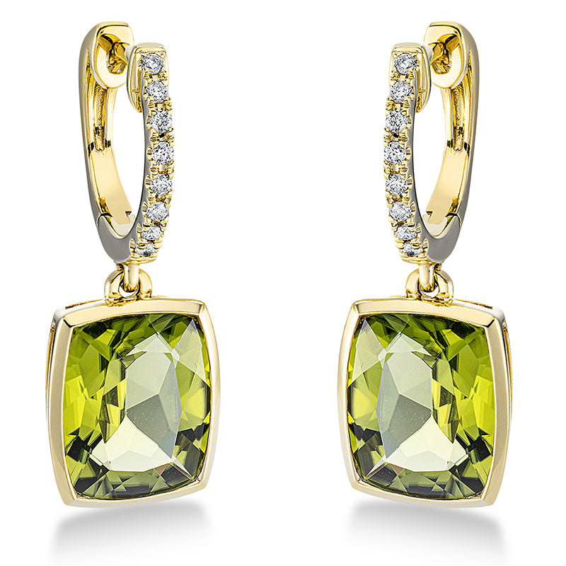 Ohrschmuck 18 kt GG, 16 Brill. 0,10 ct, TW-si, 2 Peridot 6,40 ct grün