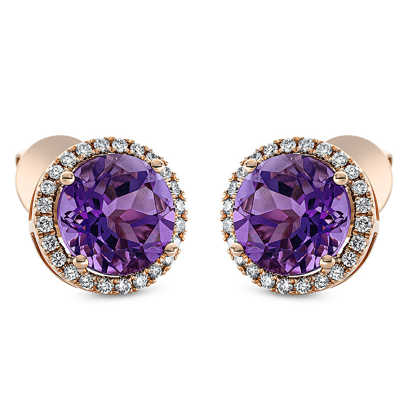 Ohrstecker 18 kt RG, 48 Brill. 0,25 ct, TW-si, 2 Amethyste 3,40 ct lila