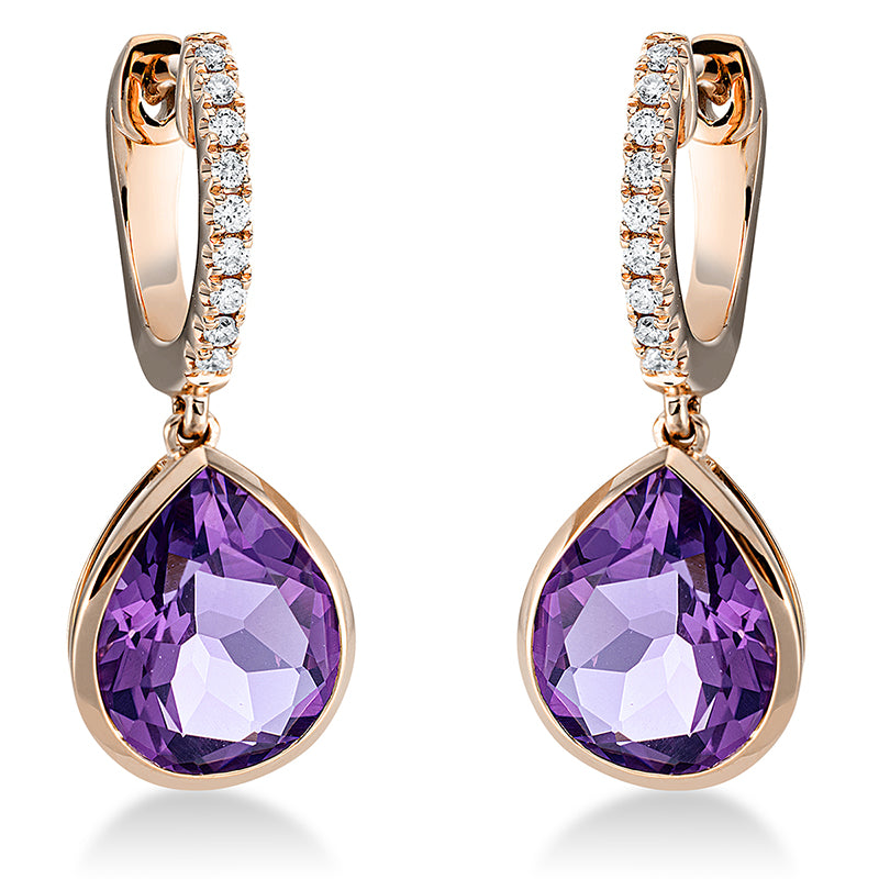 Ohrschmuck 18 kt RG, 18 Brill. 0,12 ct, TW-si, 2 Amethyste 4,60 ct lila