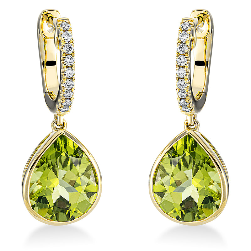 Ohrschmuck 18 kt GG, 18 Brill. 0,12 ct, TW-si, 2 Peridot 4,90 ct grün